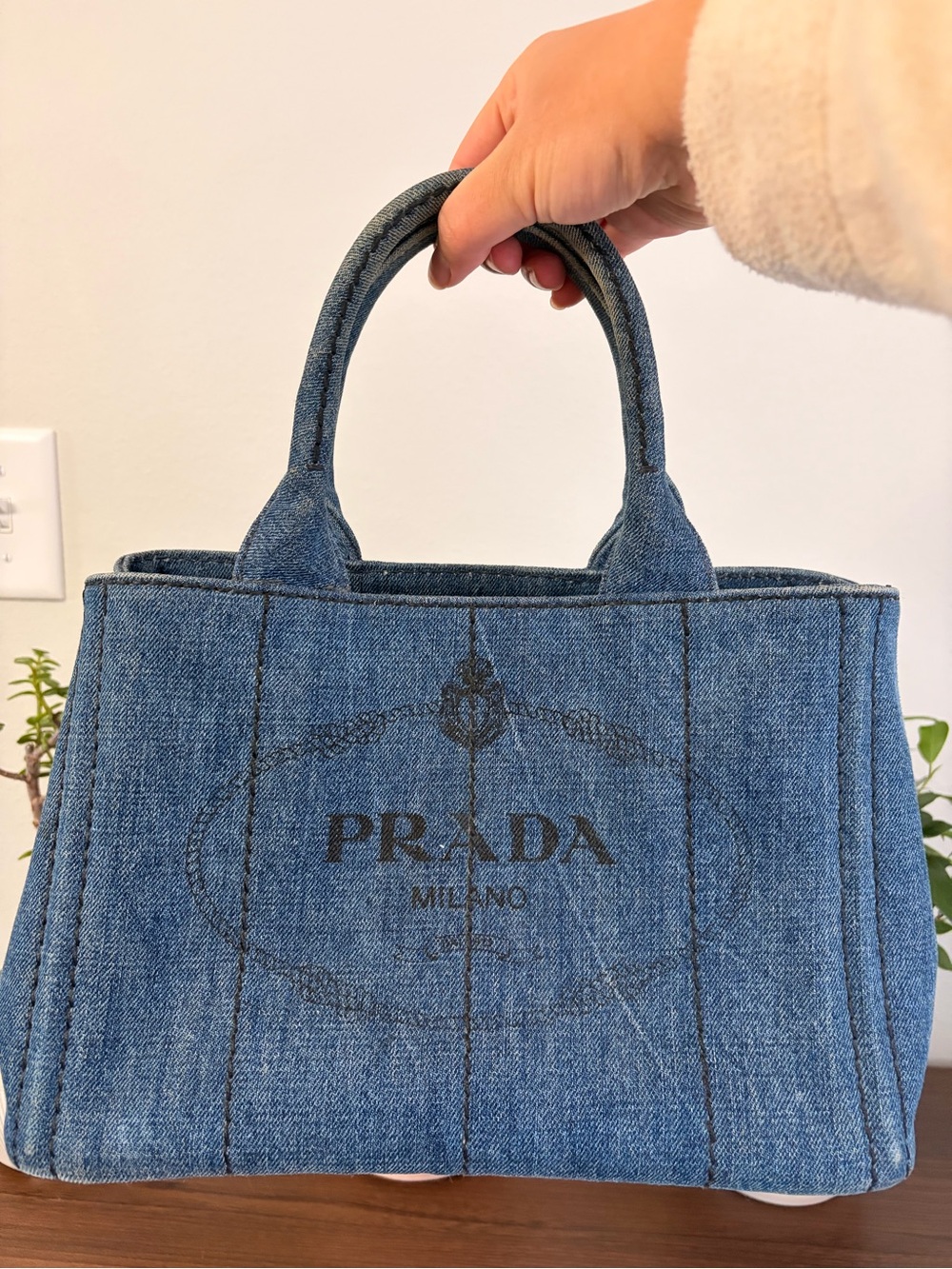 Prada Denim Tote in Blue with Navy Strap - Picture 2 of 8